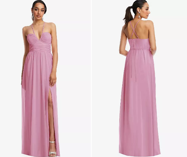 Plunging V-Neck Crisscross Strap Back Maxi Dress In Powder Pink